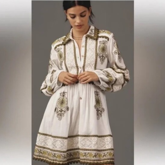 Anthropologie Dresses & Skirts - Anthropologie Maeve White & Olive Embroidery Shirt Dress